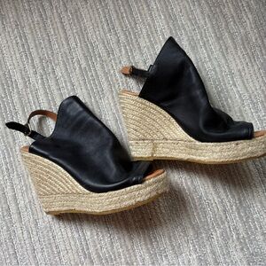 Elegant Black Leather Wedge Sandals